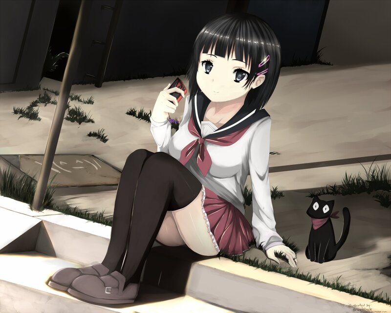 Anime girl with cat on steps