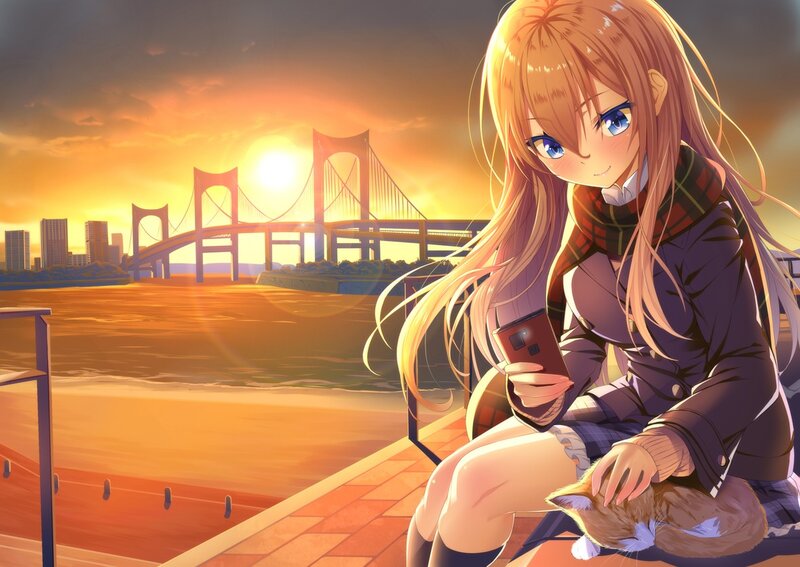 Anime Girl with Cat — Orange, Serene, Sunset, Bridge