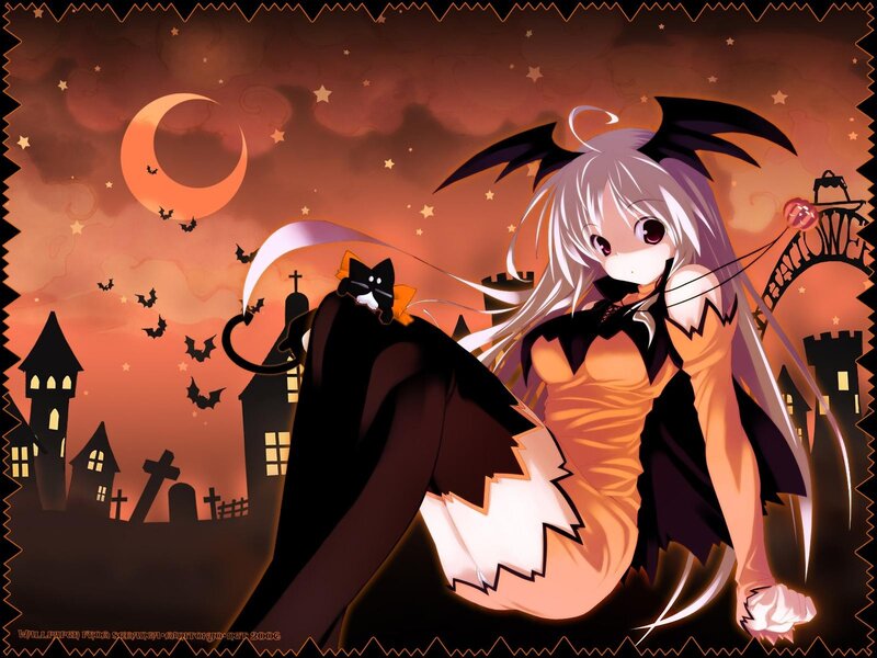 Anime Girl with Cat — Orange, Spooky