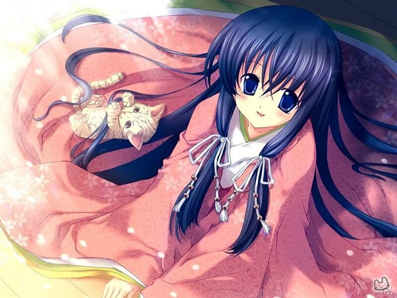 Anime Girl with Cat — Pink, Calm, Kimono, Pillow