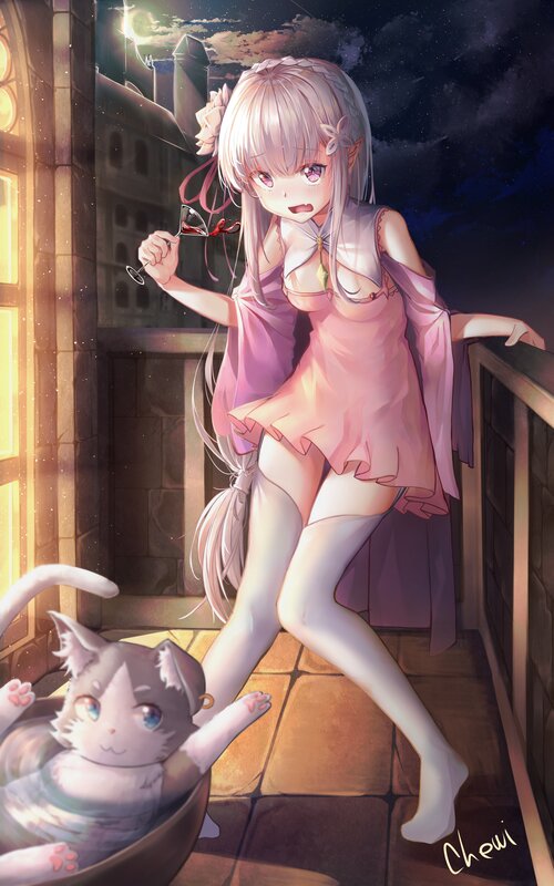 Anime Girl with Cat — Pink, Dramatic, Night