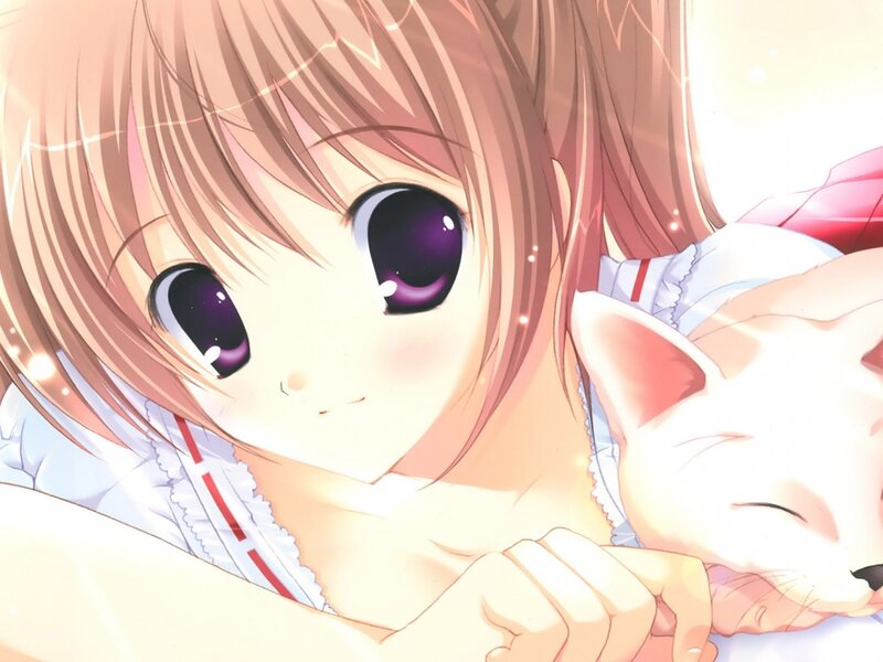 Anime Girl with Cat — Pink, Peaceful