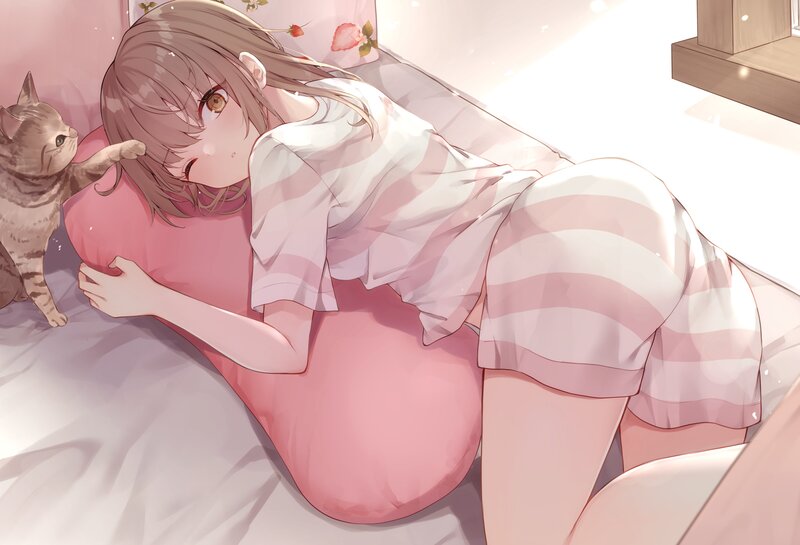 Anime Girl with Cat — Pink, Serene, Morning, Digital Art