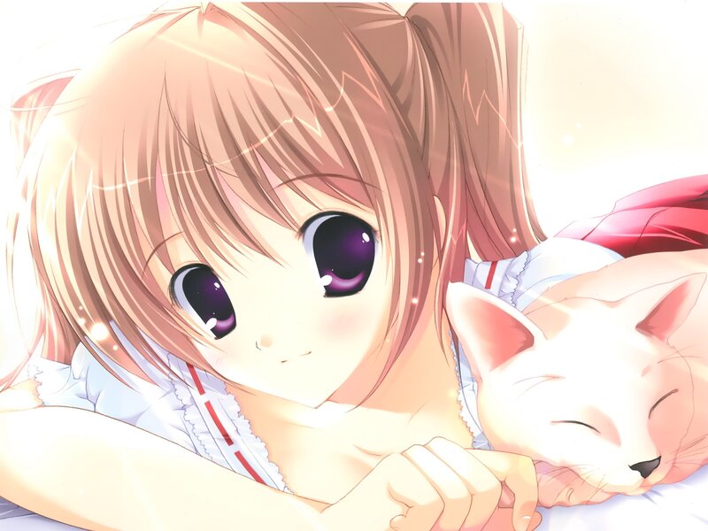 Anime Girl with Cat — Pink, Serene, Morning, Pillow