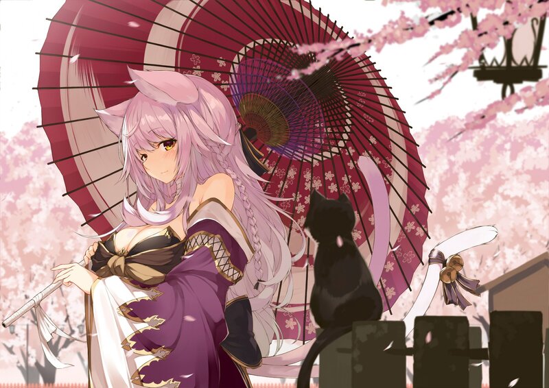 Anime Girl with Cat — Pink, Serene, Spring