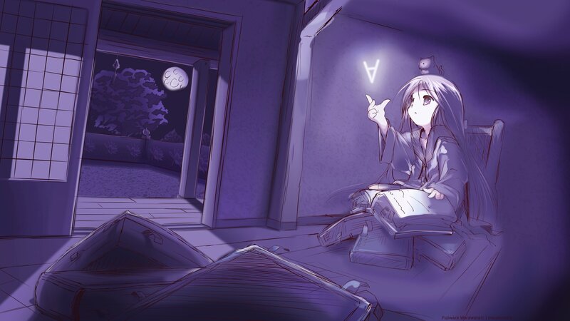 Anime Girl with Cat — Purple, Calm, Night, Digital Art