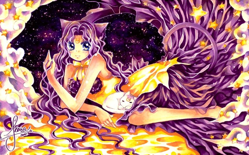Anime Girl with Cat — Purple, Dreamy, Night, Digital Art