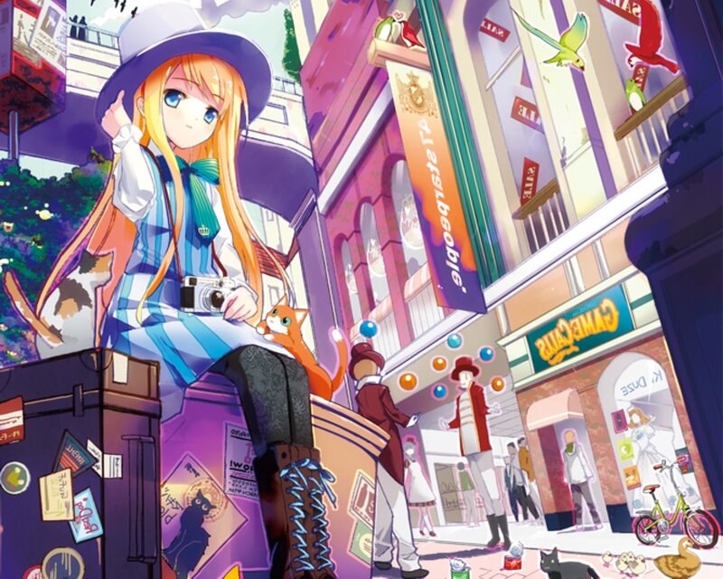 Anime Girl with Cat — Purple, Lively