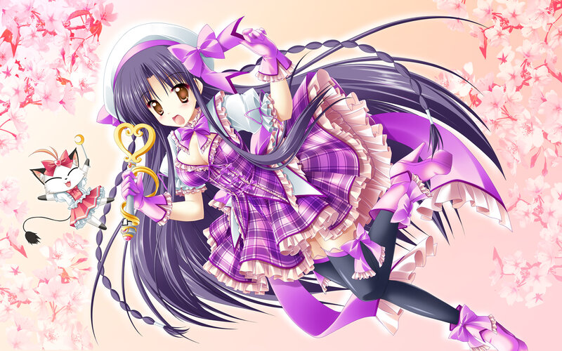 Anime Girl with Cat — Purple, Playful