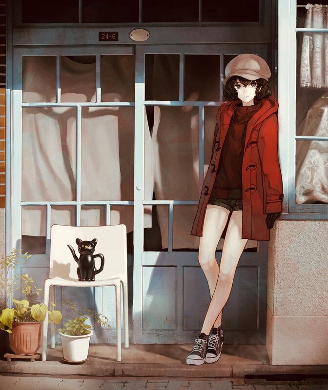 Anime Girl with Cat — Red, Calm, Afternoon, Digital Art