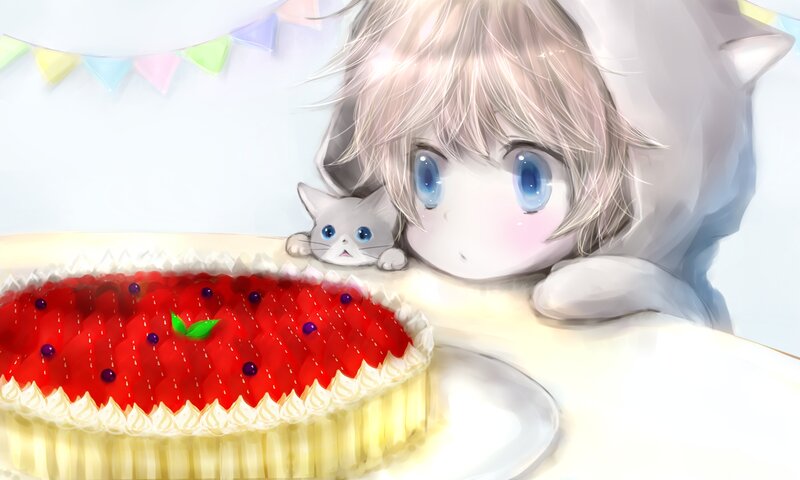 Anime Girl with Cat — Red, Calm, Digital Art
