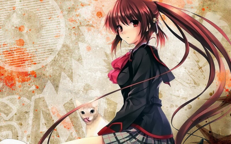 Anime Girl with Cat — Red, Calm, School Uniform, Long Hair