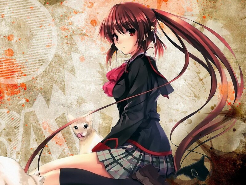 Anime Girl with Cat — Red, Calm, School Uniform