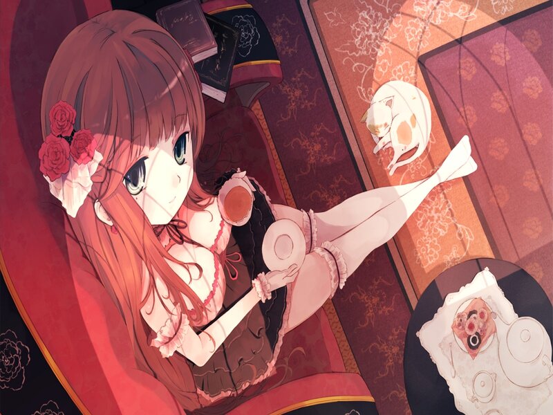 Anime Girl with Cat — Red, Calm, Tea Set