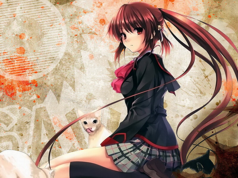 Anime Girl with Cat — Red, Calm