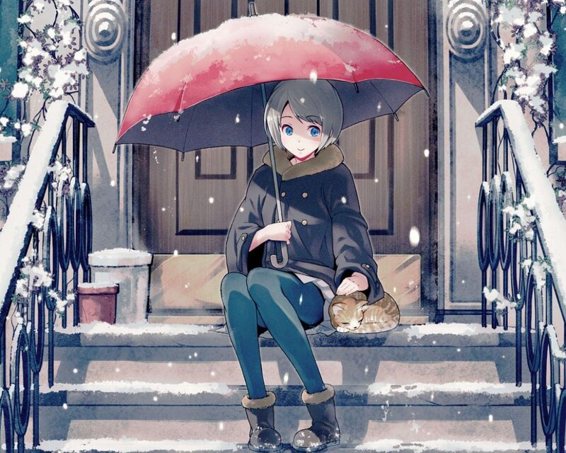 Anime Girl with Cat — Red, Calm, Winter