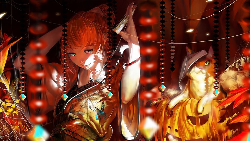 Anime Girl with Cat — Red, Dramatic, Night, Digital Art