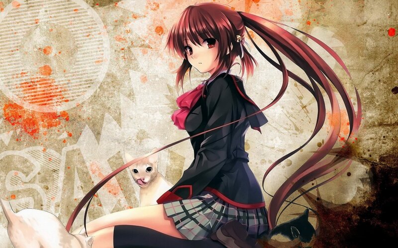 Anime Girl with Cat — Red, Dramatic, School Uniform