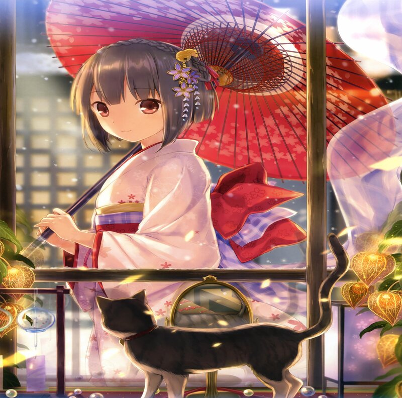 Anime Girl with Cat — Red, Serene