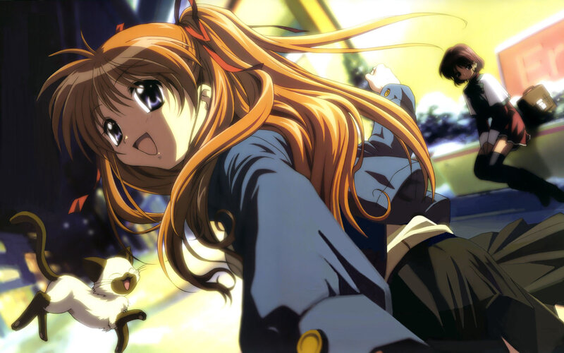 anime girl with cat running