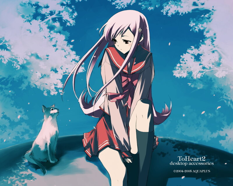 Anime girl with cat under blossoms