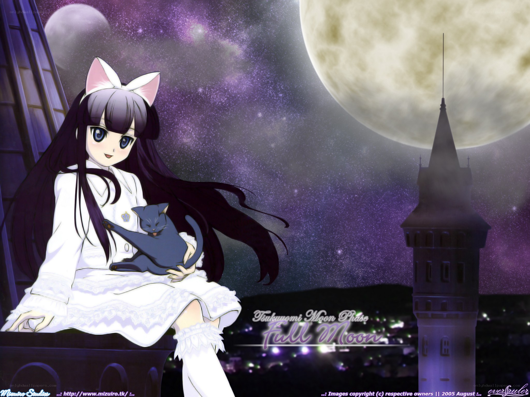 Anime girl with cat under full moon