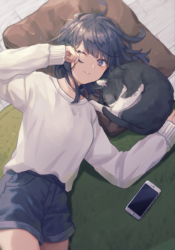 Anime Girl with Cat — White, Calm, Afternoon