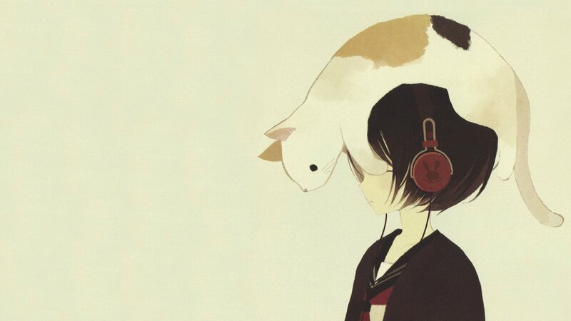 Anime Girl with Cat — White, Calm, Headphones, School Uniform