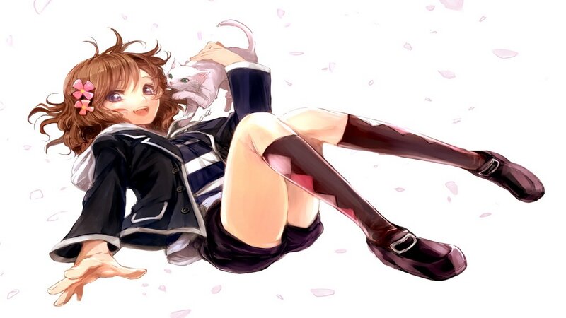 Anime Girl with Cat — White, Playful, Spring