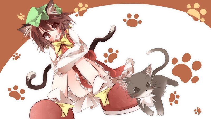 Anime Girl with Cat — White, Playful