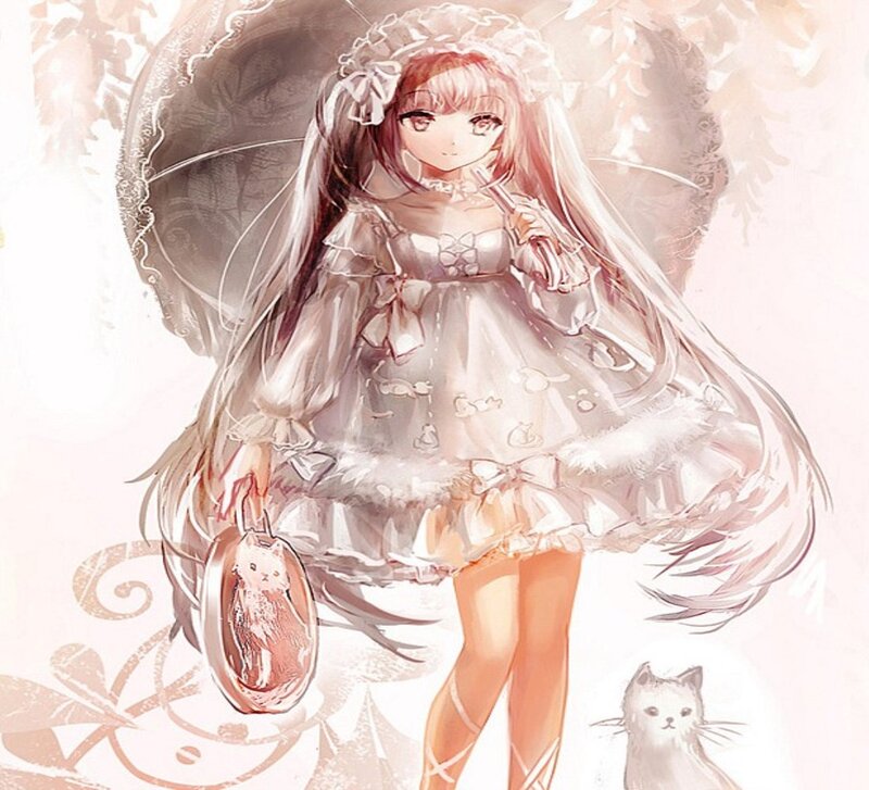 Anime Girl with Cat — White, Serene, Digital Art, Umbrella