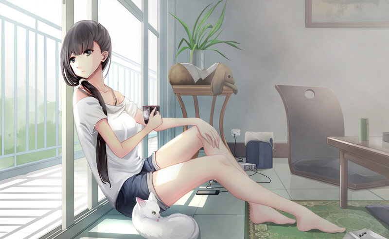 Anime Girl with Cat — White, Serene, Morning, Digital Art