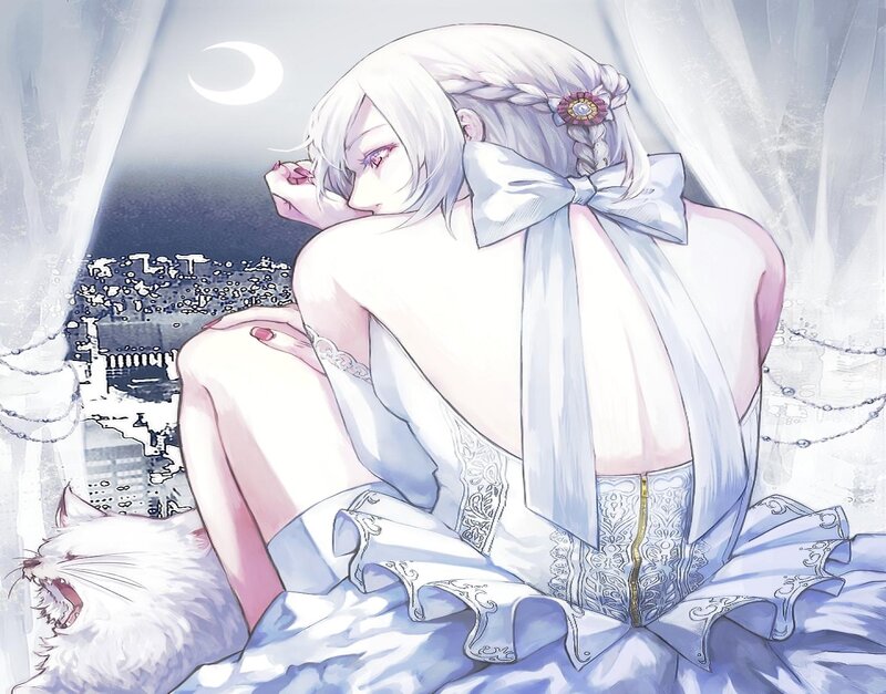 Anime Girl with Cat — White, Serene, Night