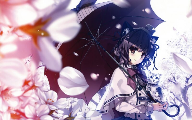 Anime Girl with Cat — White, Serene, Spring