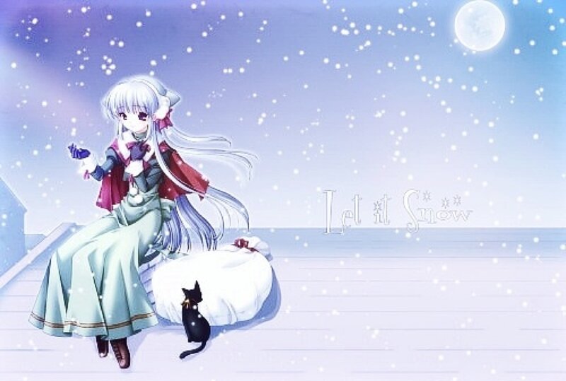 Anime Girl with Cat — White, Serene