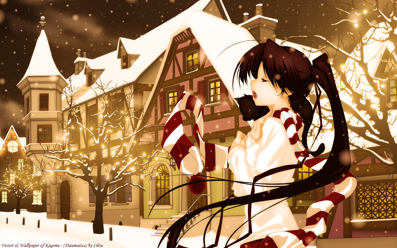 Anime Girl with Cat — White