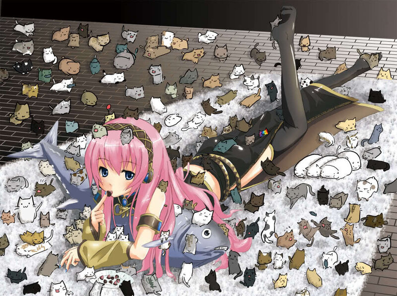 anime girl with cats