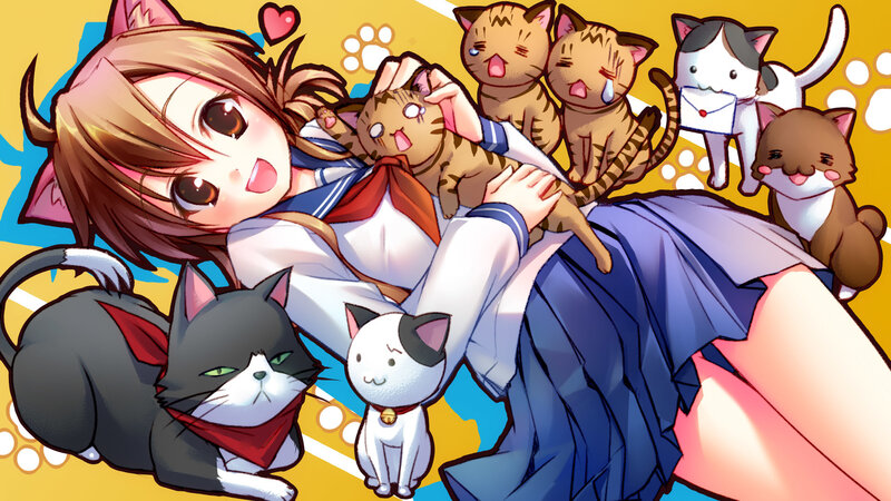 anime girl with cats
