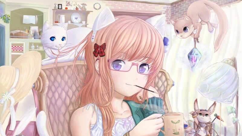 Anime girl with cats and animals