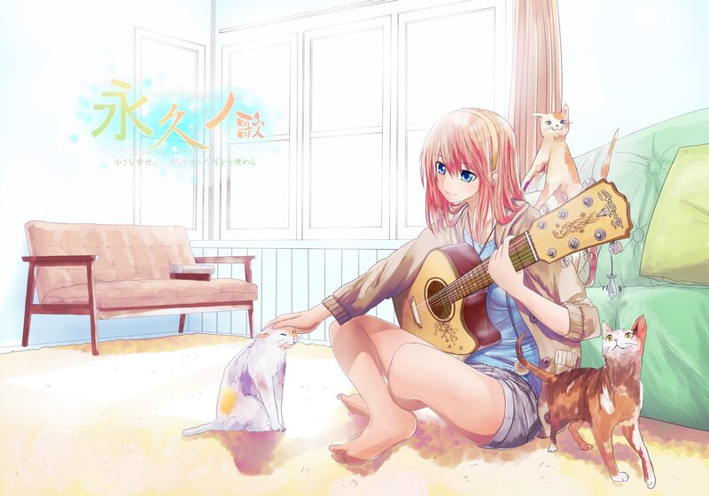 Anime girl with cats and guitar