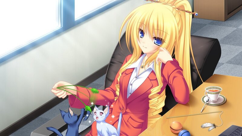 anime girl with cats at desk