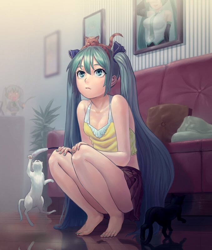 Anime girl with cats at home