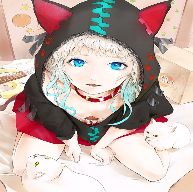 Anime Girl with Cats — Black, Calm