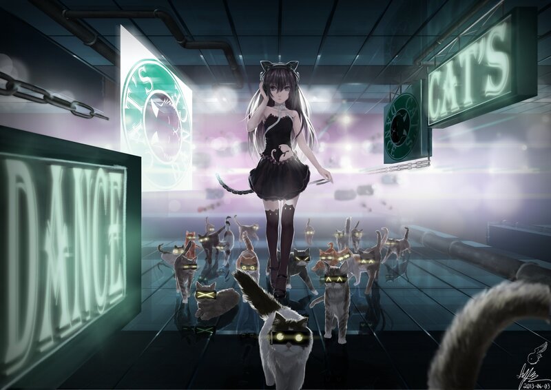 Anime Girl with Cats — Black, Dramatic