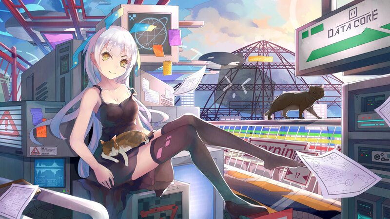 Anime Girl with Cats — Blue, Calm