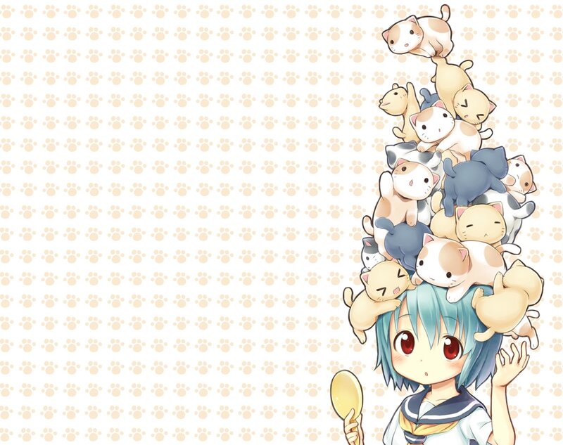 Anime Girl with Cats — Blue, Cute