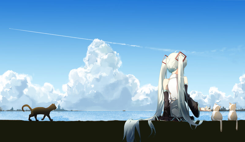 Anime Girl with Cats — Blue, Serene, Afternoon, Digital Art, Clouds