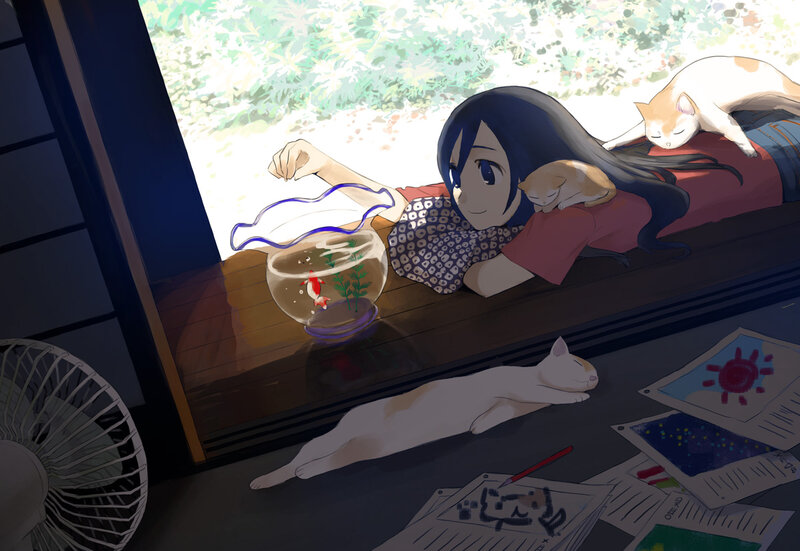 Anime Girl with Cats — Blue, Serene, Afternoon, Fishbowl