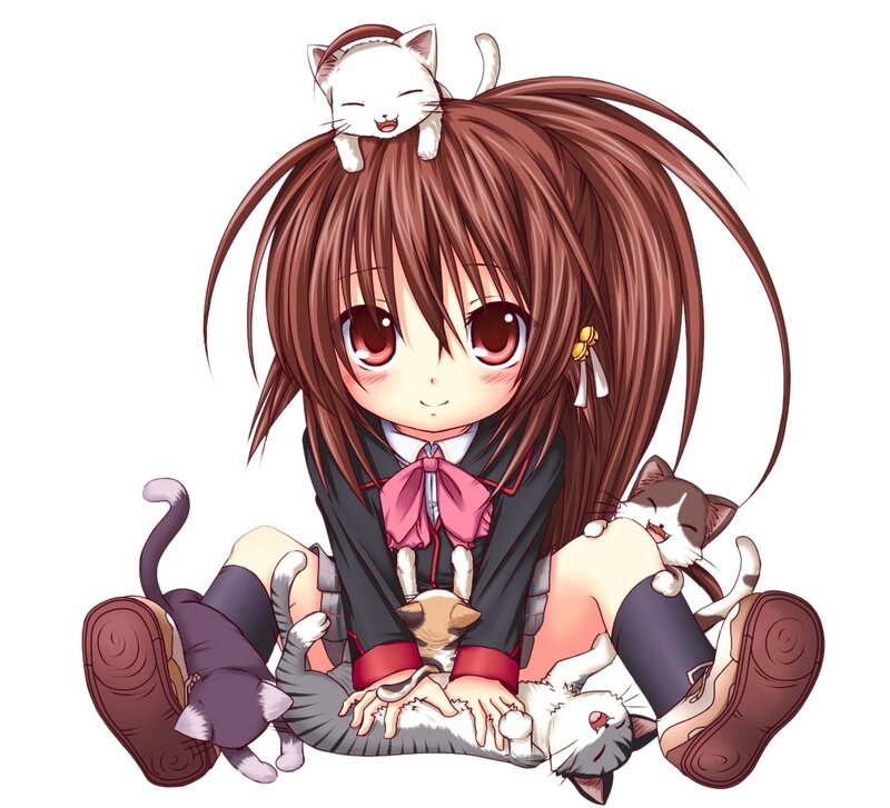 Anime Girl with Cats — Brown, Playful, Manga