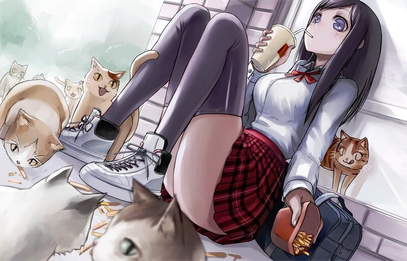 Anime girl with cats eating snacks